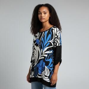 Joseph Ribkoff Black Blue Artsy Tunic Top with Sequin Hem EUC Size 6